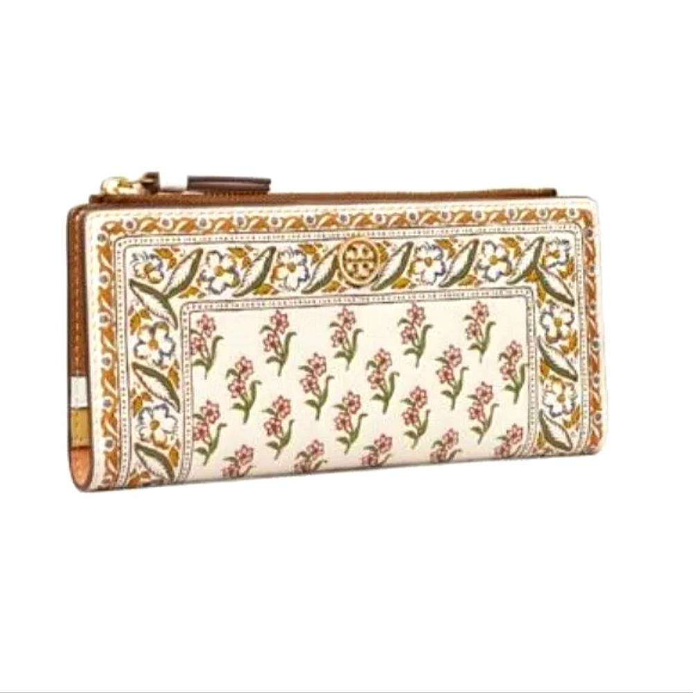 NWT ~Tory Burch Walker Printed Leather Slim Wallet Beige Flower Ditsy Border - Picture 3 of 16